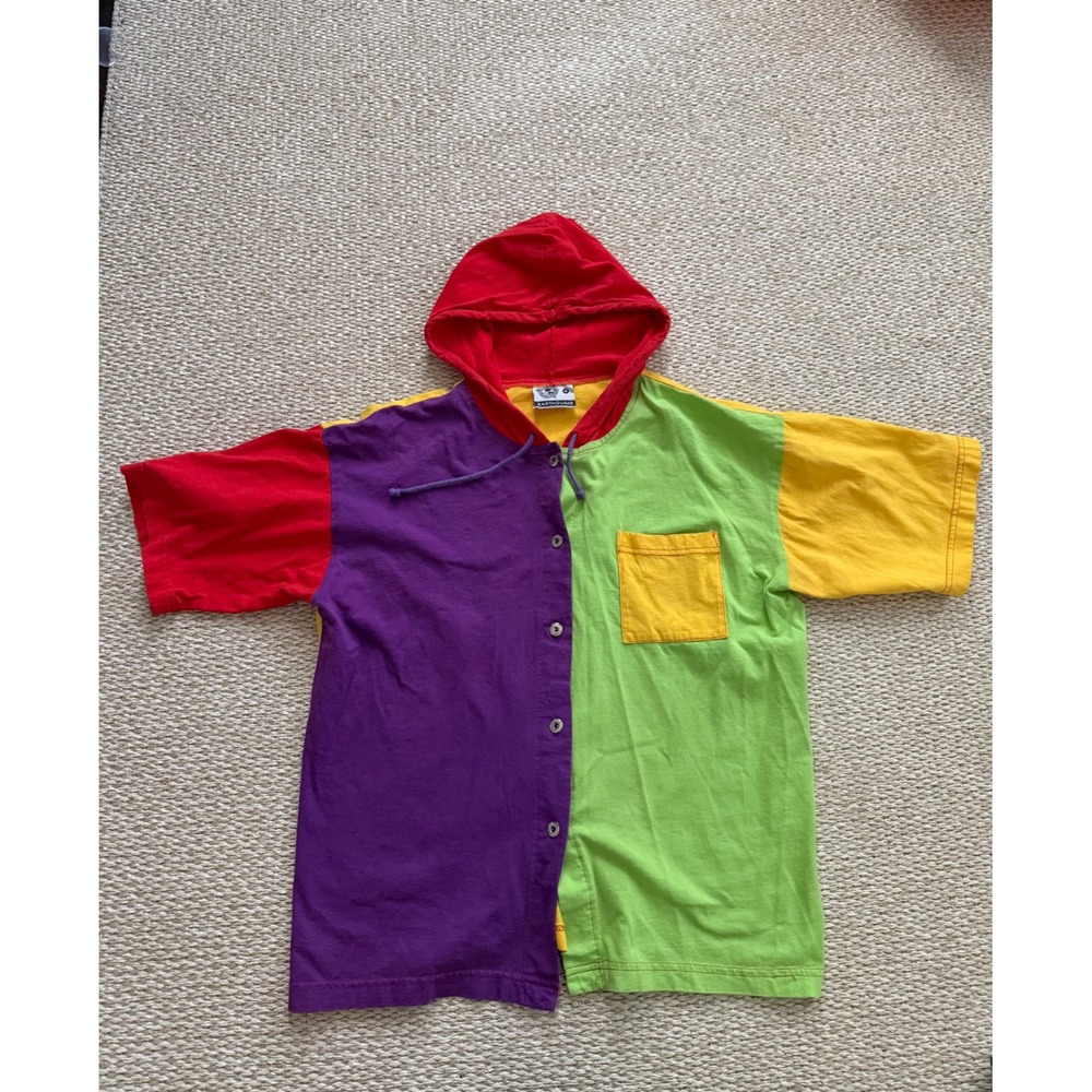 Earthquake Vintage Colorblock Hooded Snap Button Shirt 90s street wear Large